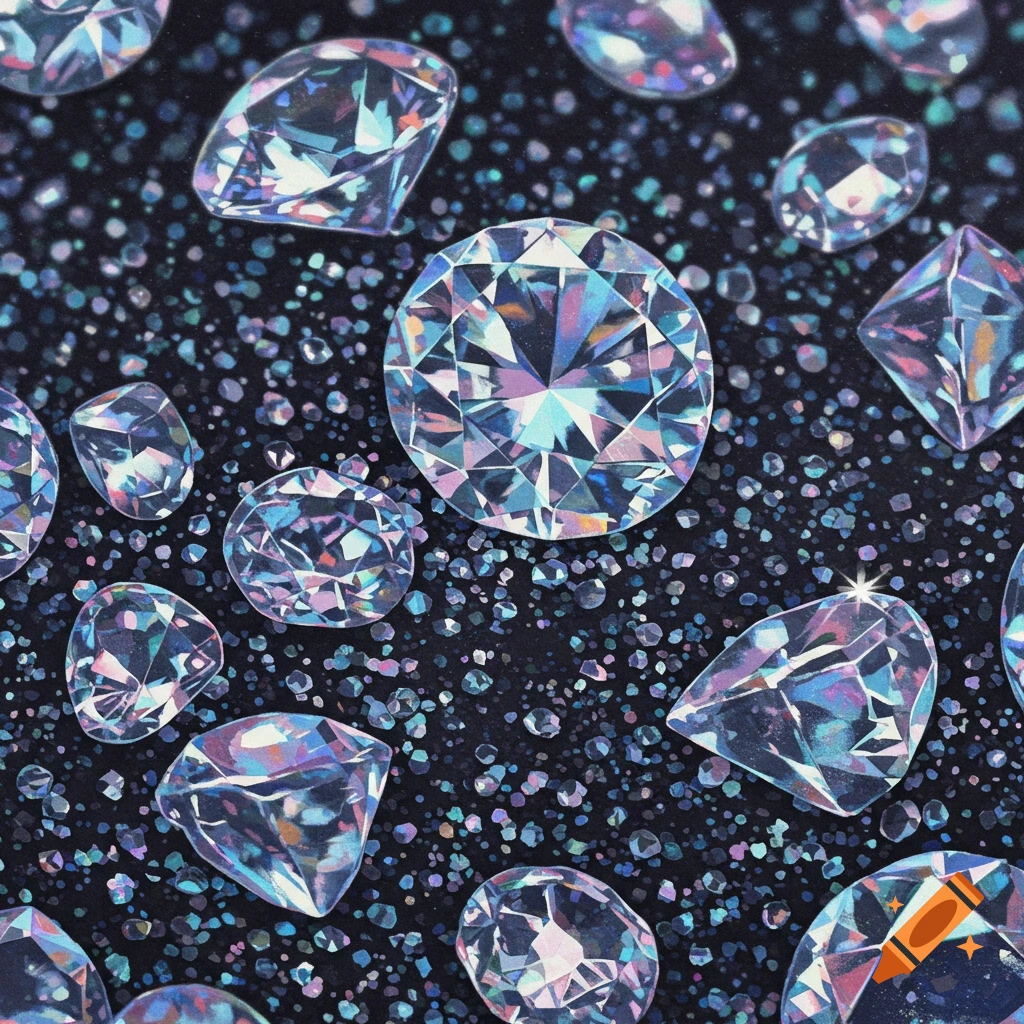 Stylized diamonds and glitter on a dark background.