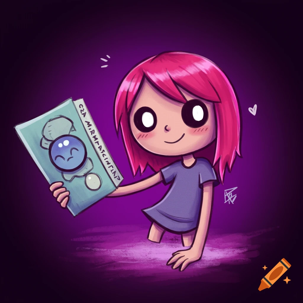 Cartoon girl with pink hair holding a blue book with a smiling character on it.