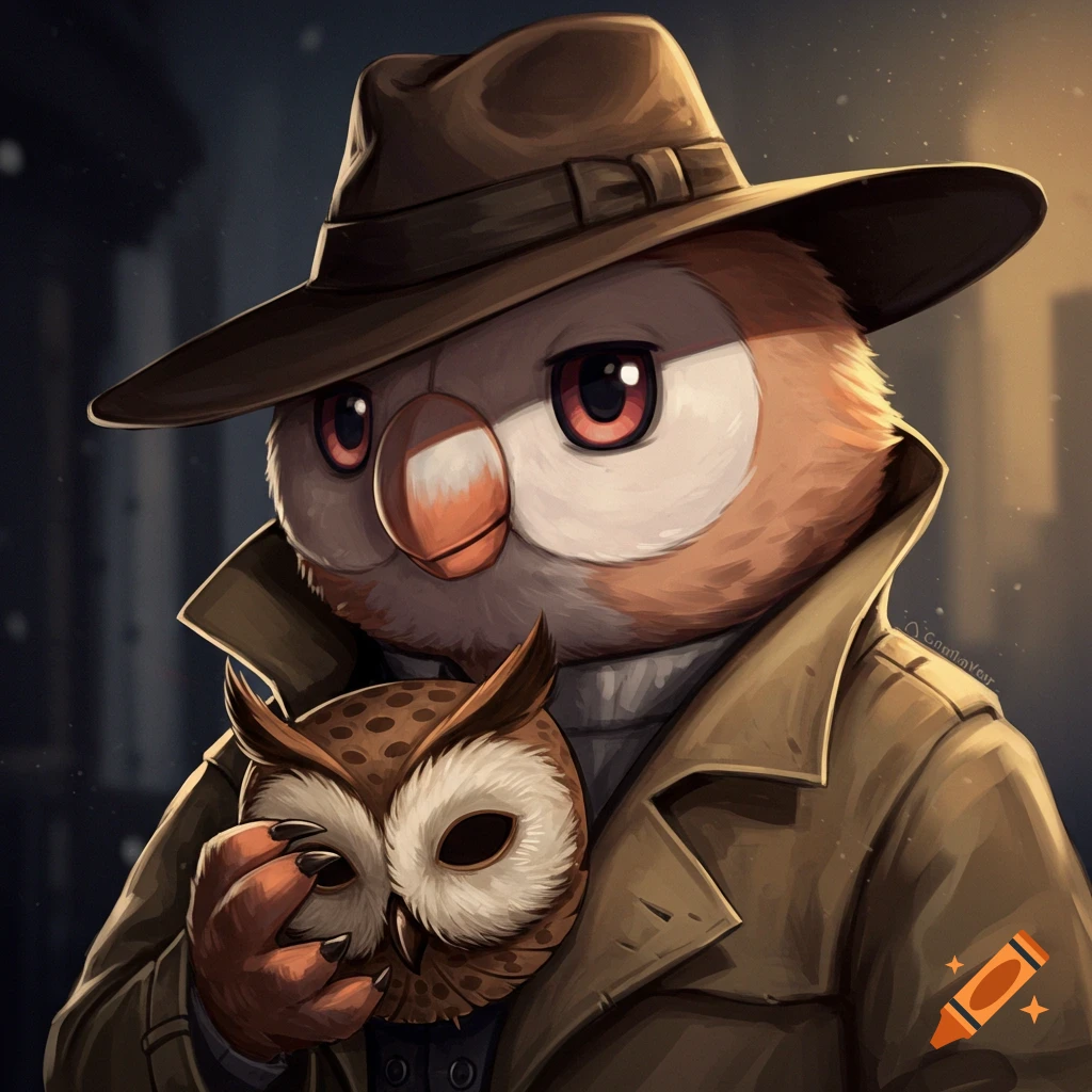 Anthropomorphic owl (Rowlet) detective in a trench coat holding an owl mask, illustration