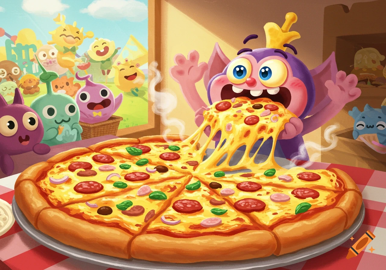 A purple cartoon monster wearing a crown eats a large, cheesy pizza while other cute monsters watch.