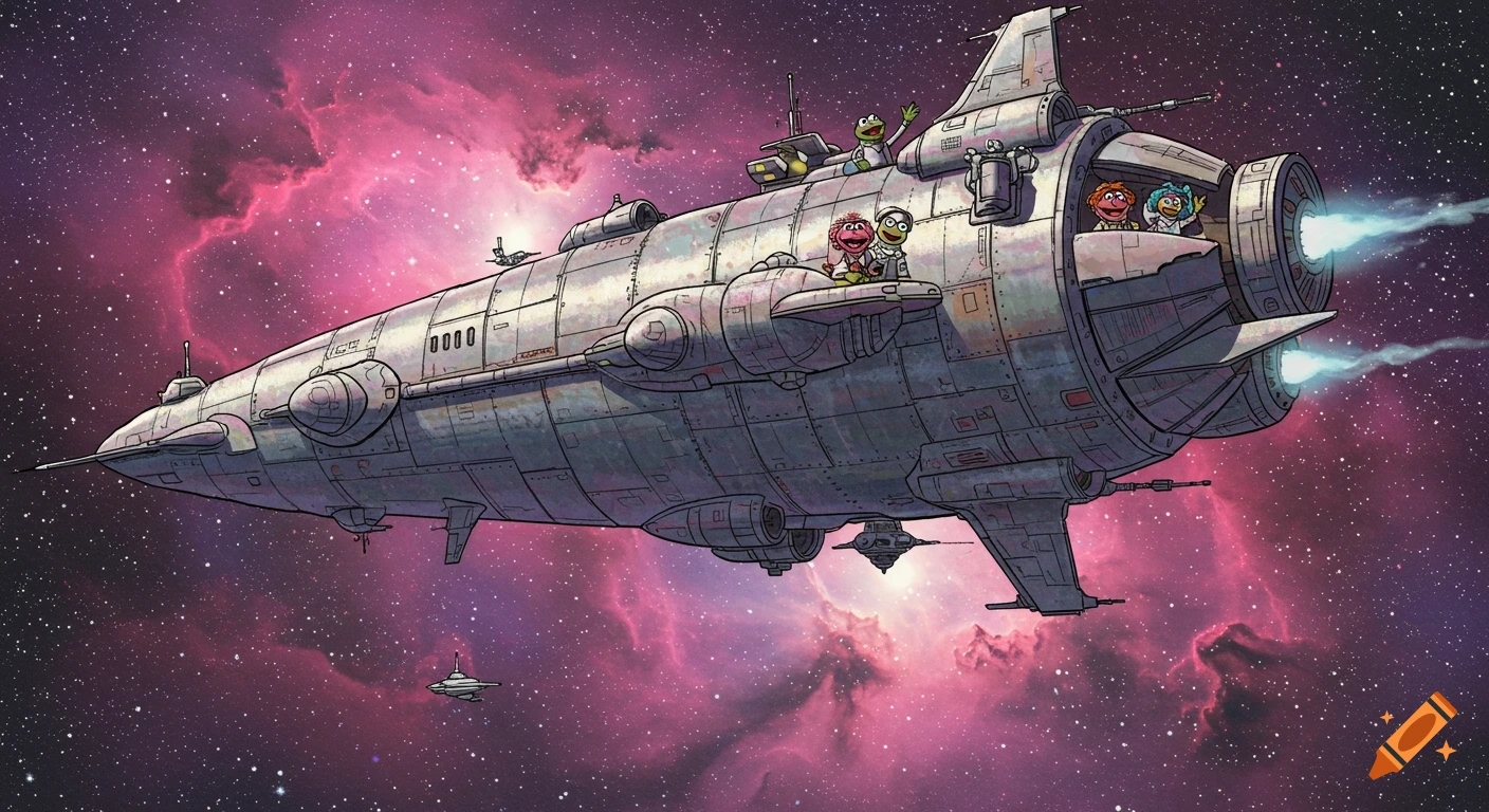 Muppets on a large spaceship flying through a pink nebula in space, in a comic book style illustration.