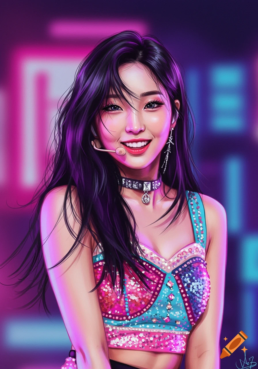 Digital painting of a smiling K-pop idol with long dark hair, wearing a sparkly crop top and headset mic against a neon background.
