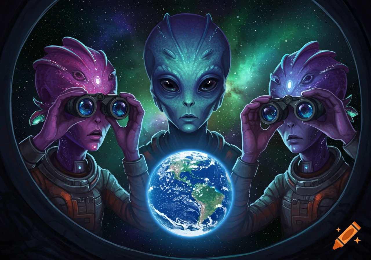 Three aliens in space suits look at Earth through binoculars