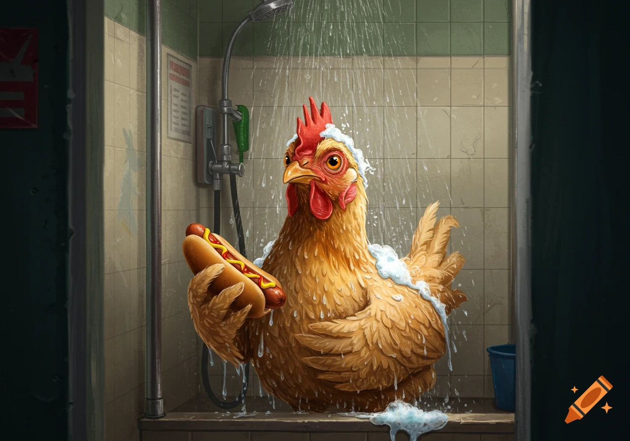 Illustration of a chicken showering while holding a hot dog