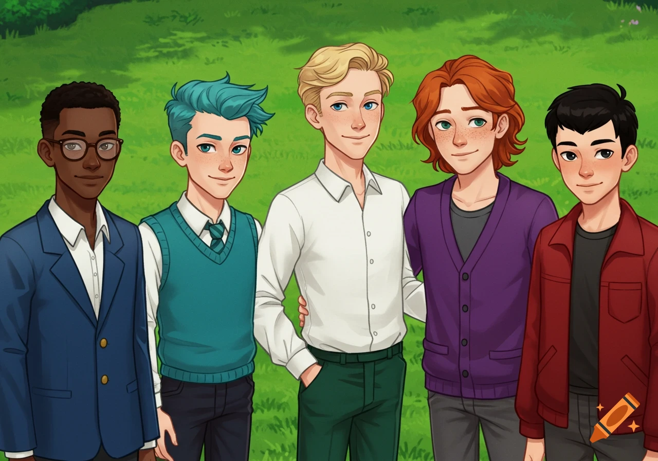 Five young cartoon boys with varying hair and outfits stand together in a park.