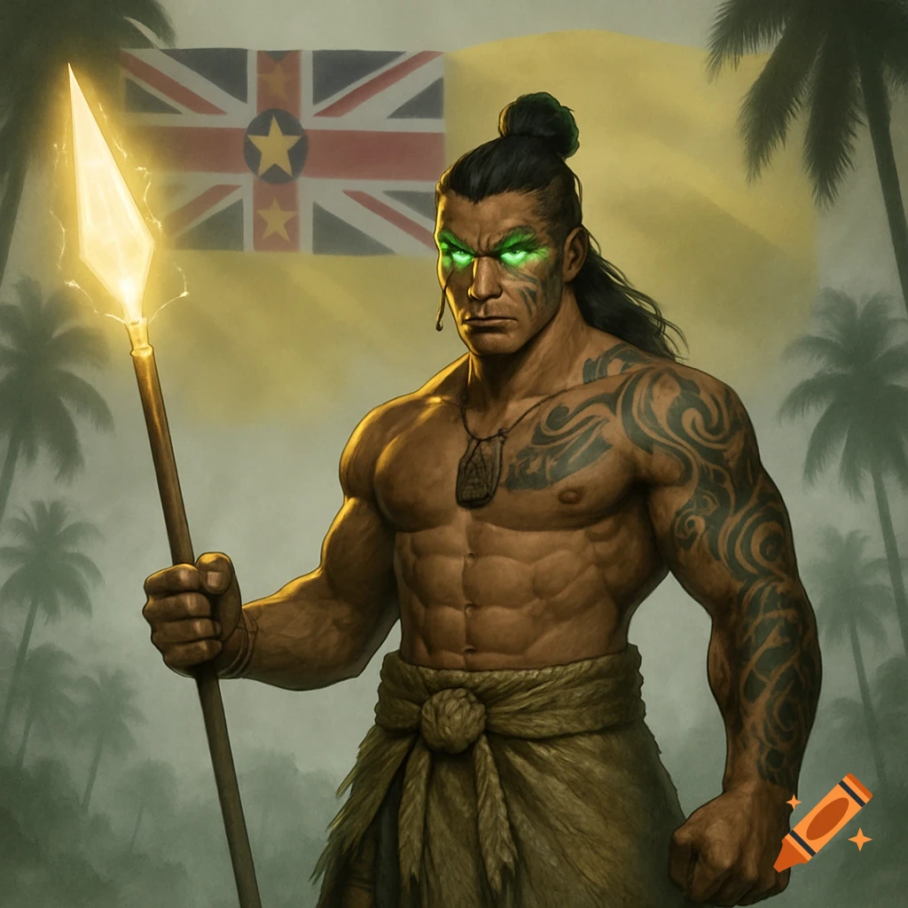 A muscular warrior with green eyes and tattoos holds a glowing spear against a Niue flag background in a tropical setting, realistic anime style.