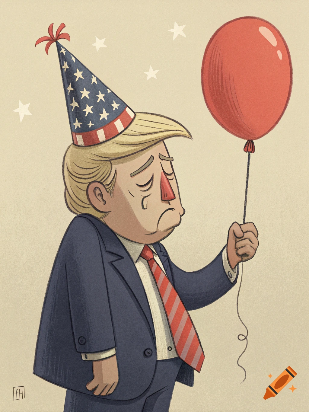 A sad cartoon illustration of Donald Trump wearing a party hat and holding a red balloon.