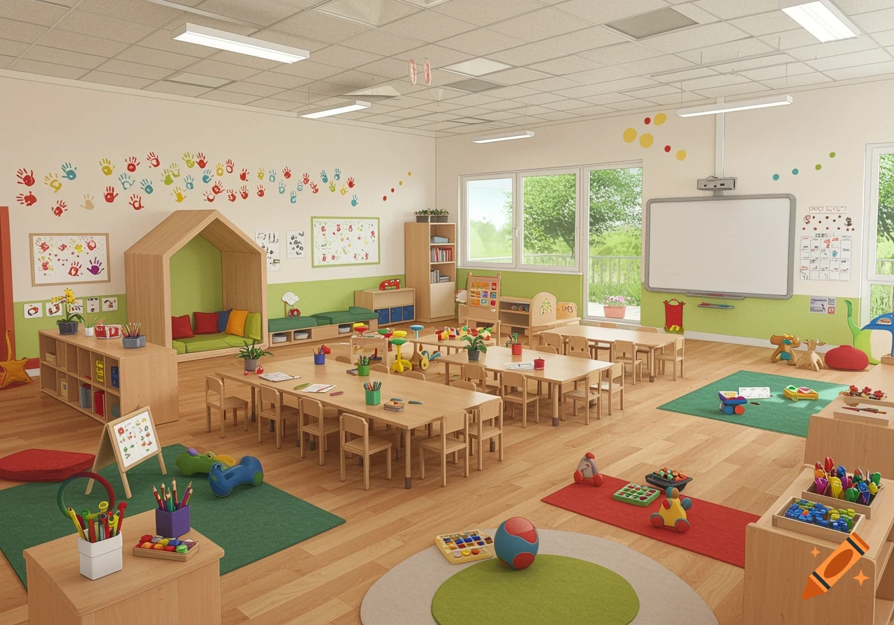 A clean, modern kindergarten classroom with tables, chairs, toys, and colorful decorations like handprints on the wall.