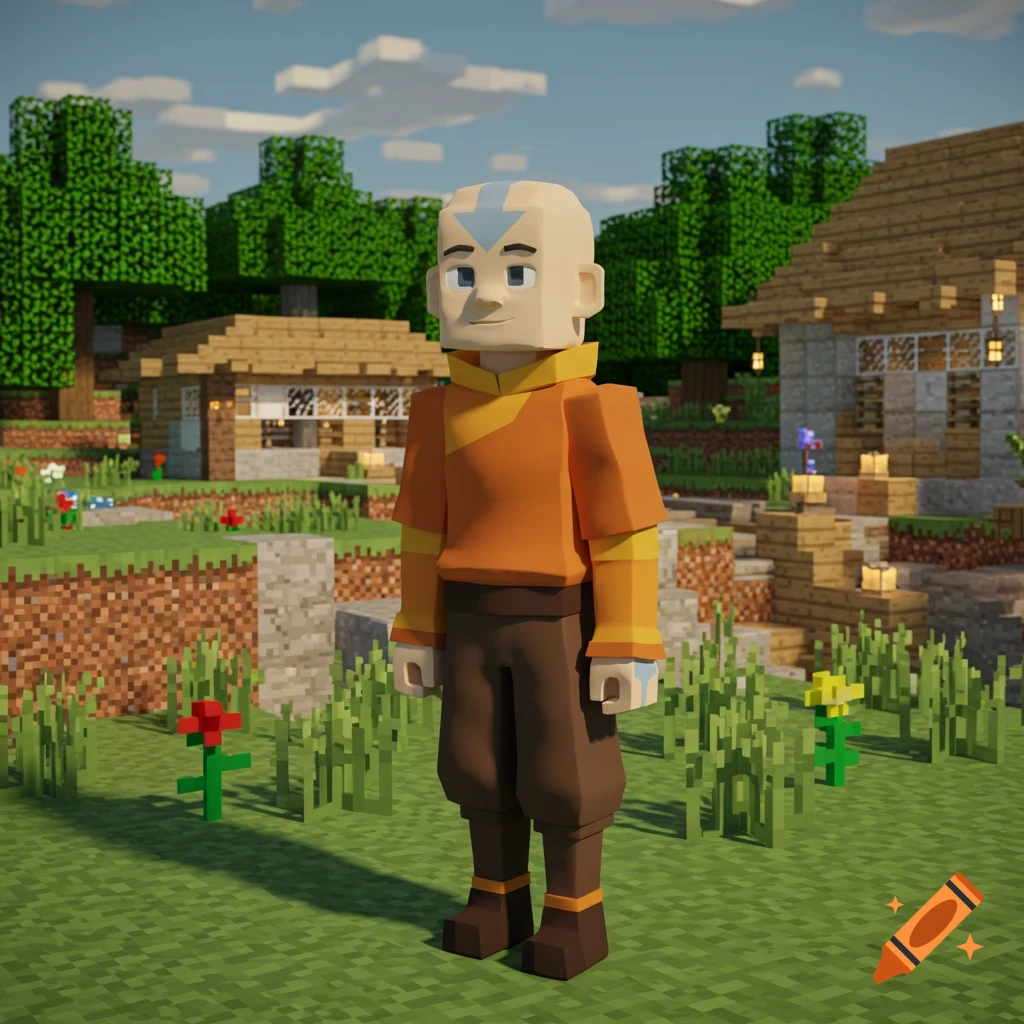 A character resembling Aang from Avatar, rendered in a Minecraft style, stands in a grassy voxel village.