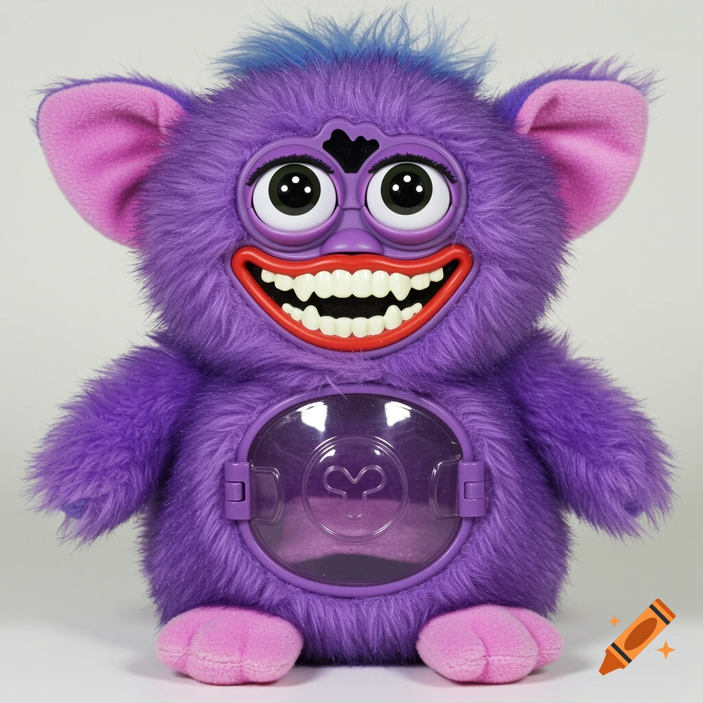 A purple furry toy plush with big eyes, wide smile showing teeth, and a clear stomach panel.