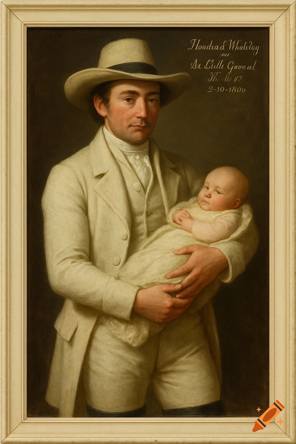 An oil portrait of a man in a suit and hat holding a baby.