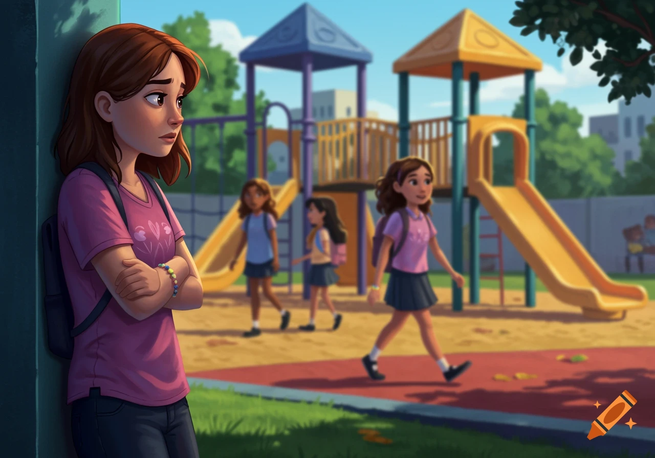 A girl stands alone near a playground as other children walk by.
