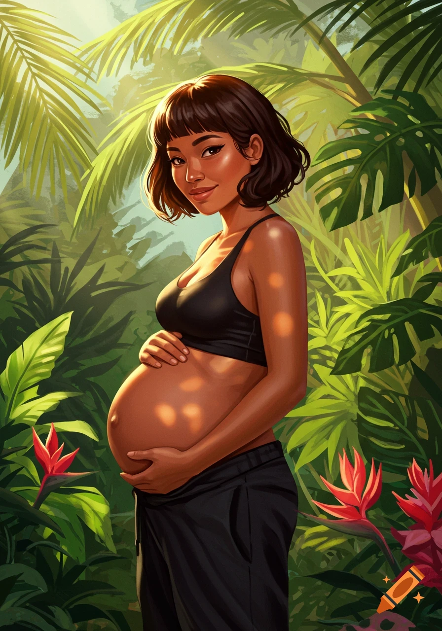 A pregnant woman stands in a tropical forest, holding her belly. Illustrated style.