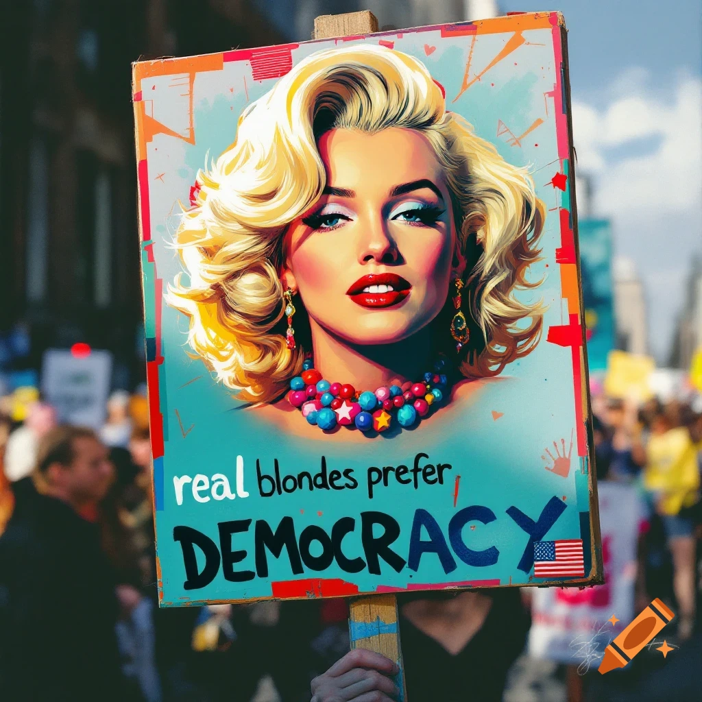 A protest sign with a pop art portrait of Marilyn Monroe and the text 'real blondes prefer DEMOCRACY'.