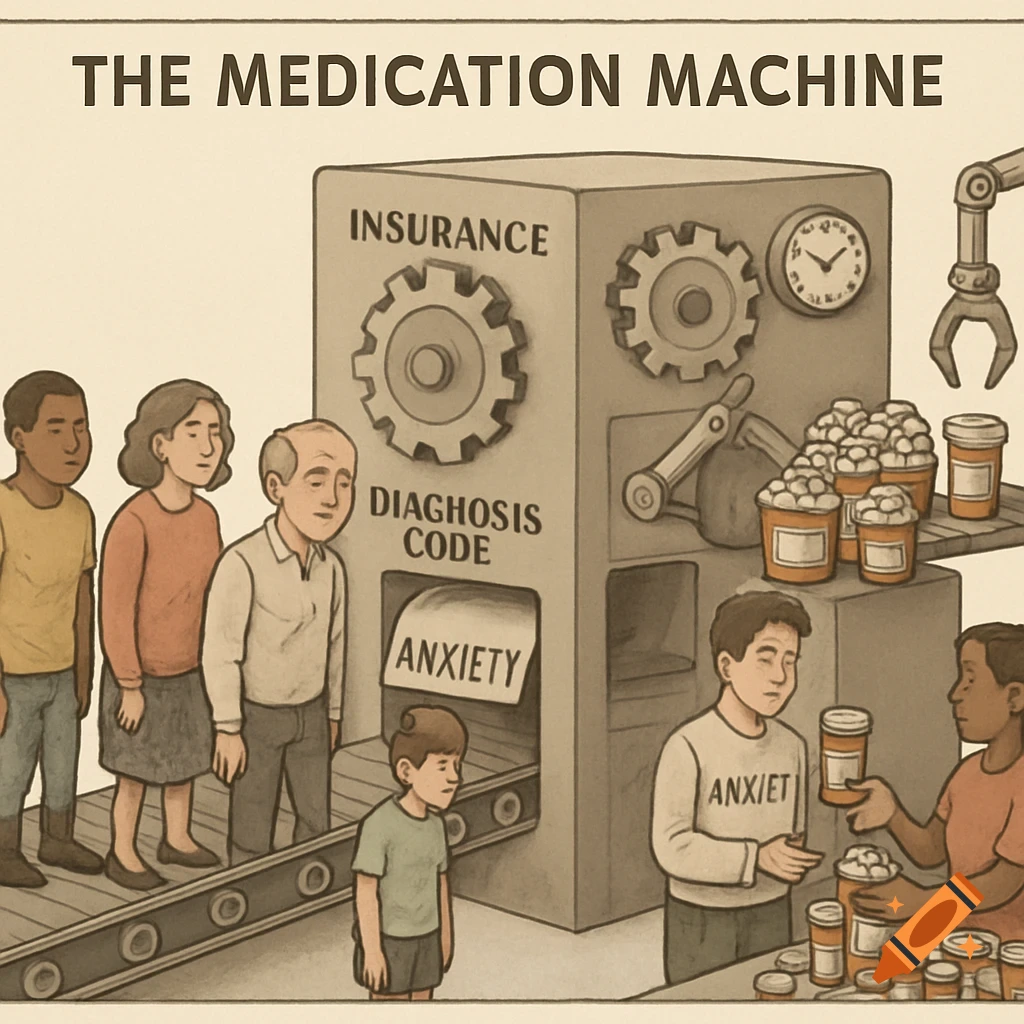 Illustration of 'The Medication Machine' where people enter and receive 'Anxiety' diagnosis paper and pill bottles. Machine labeled Insurance & Diagnosis Code.