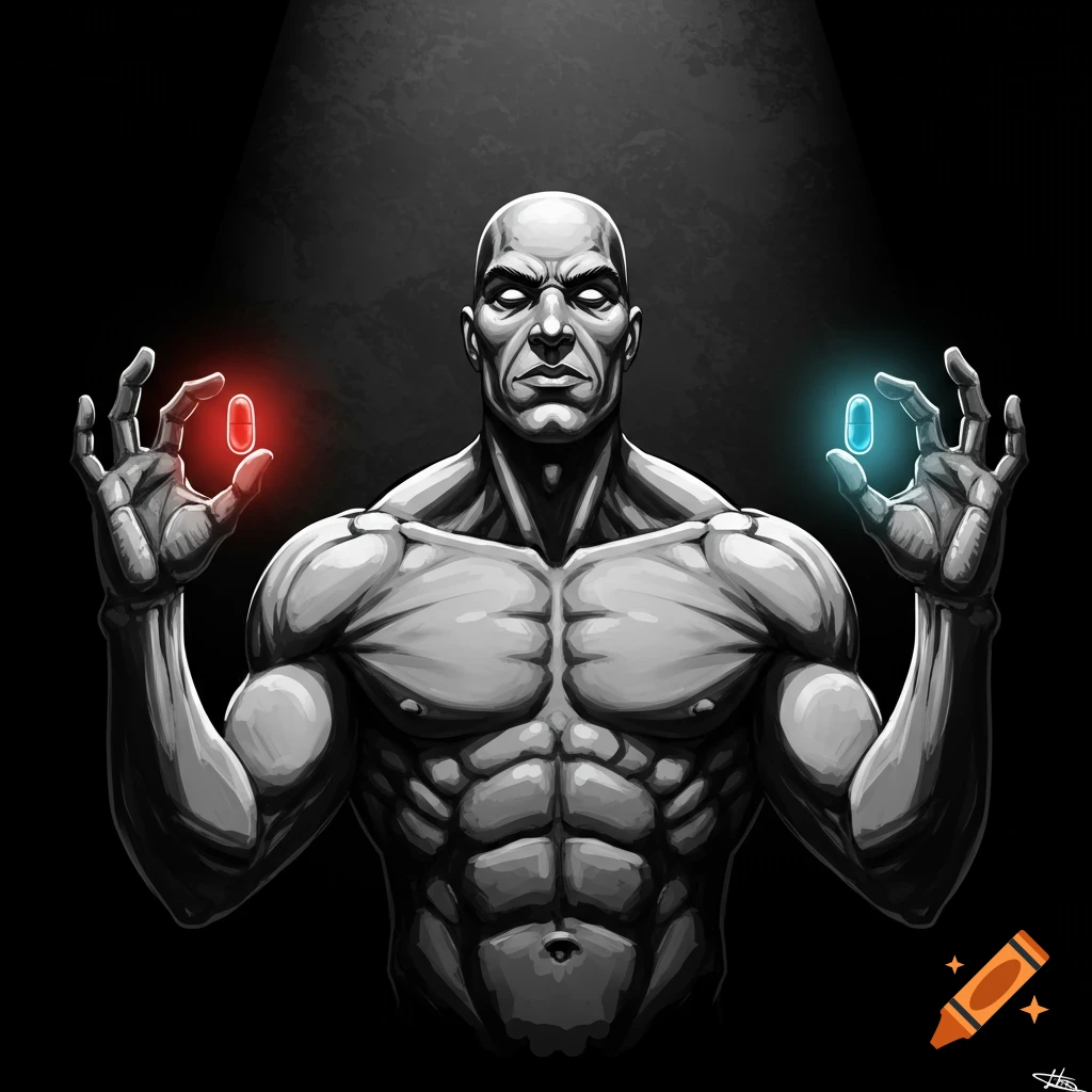 Stylized black and white illustration of a muscular man holding a red pill in one hand and a blue pill in the other.