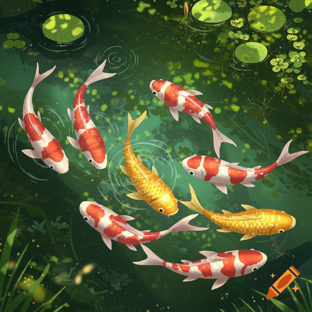 Koi fish swimming in a green pond with lily pads