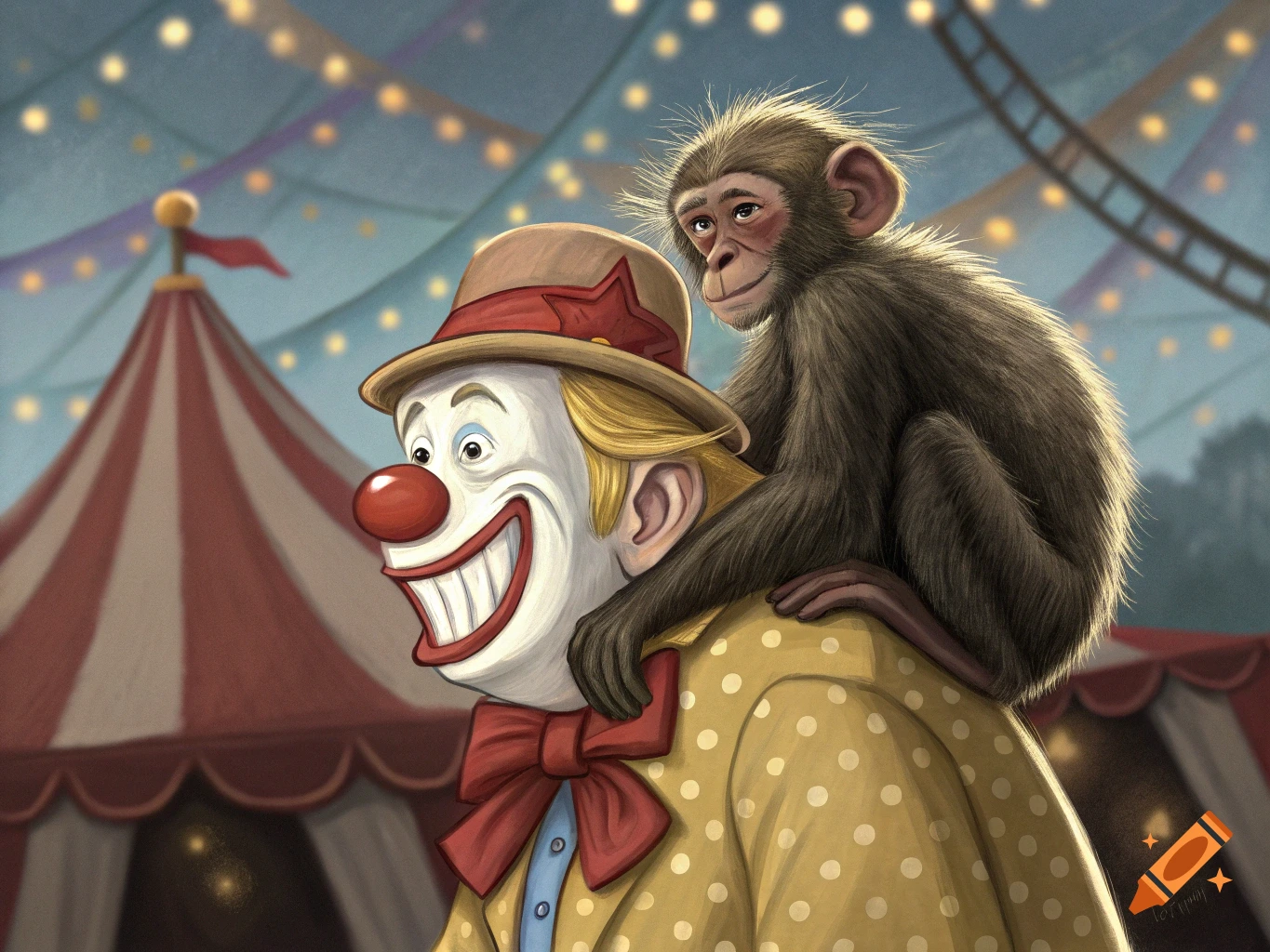 Cartoon illustration of a monkey sitting on a clown's shoulder at the circus.