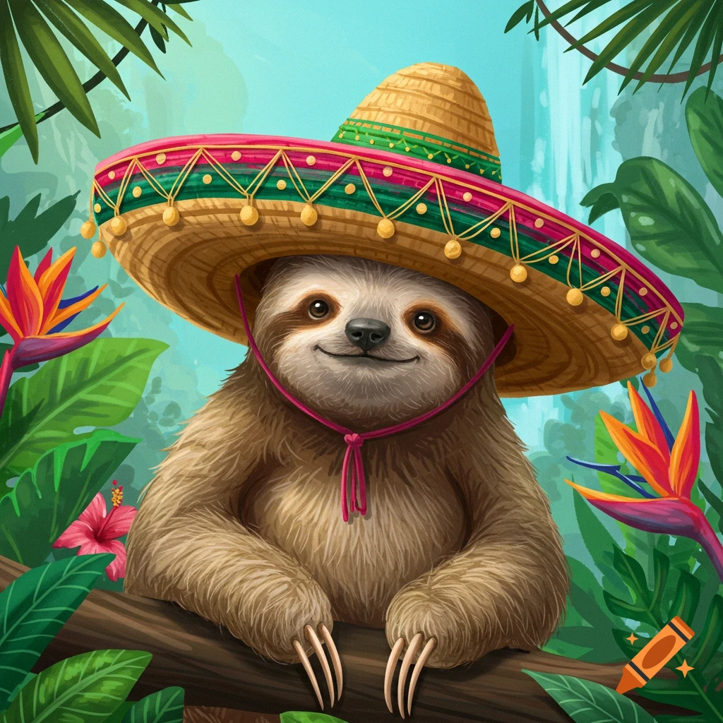 Cartoon sloth wearing a sombrero in a jungle.