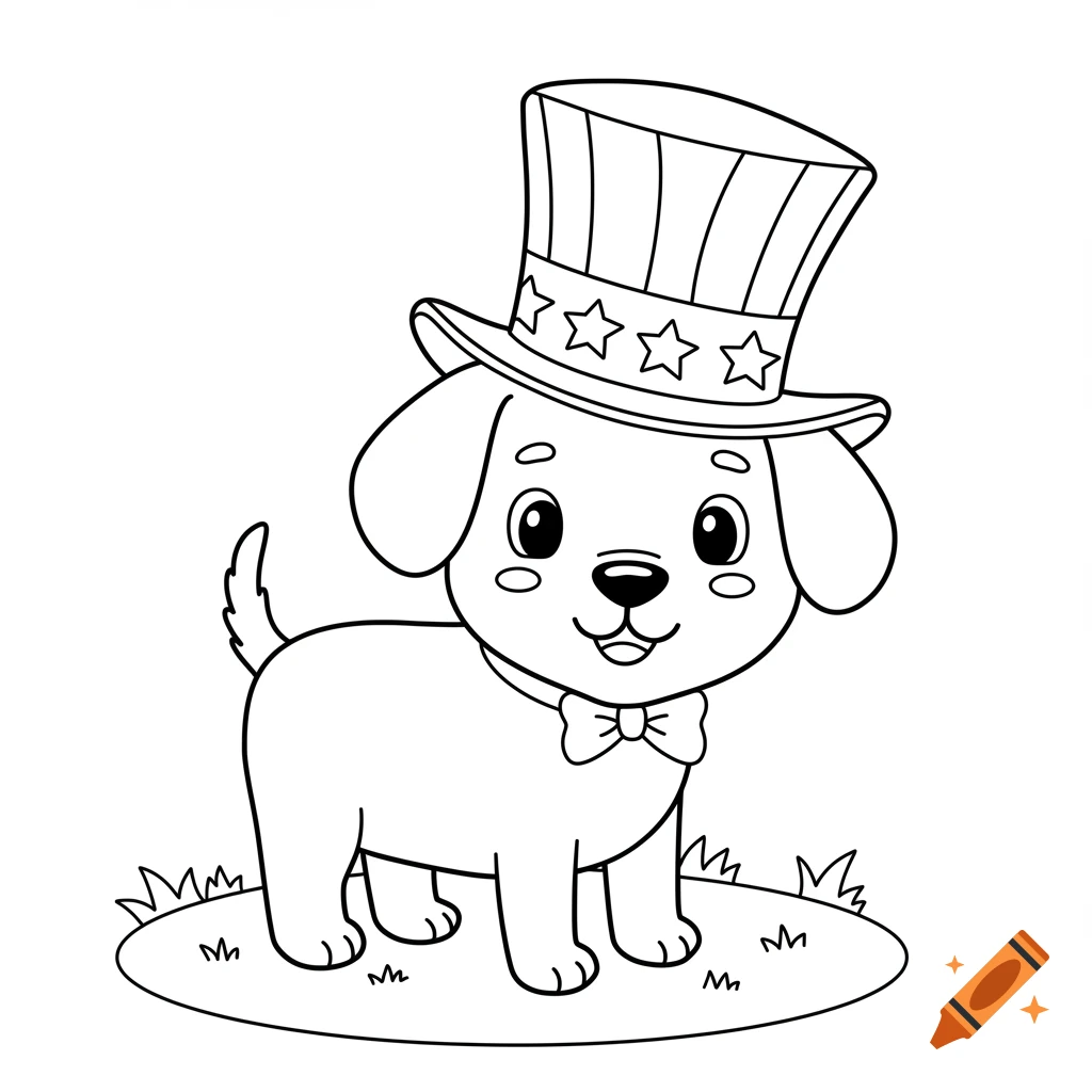 A black and white coloring page of a cartoon dog wearing a patriotic top hat and bow tie.