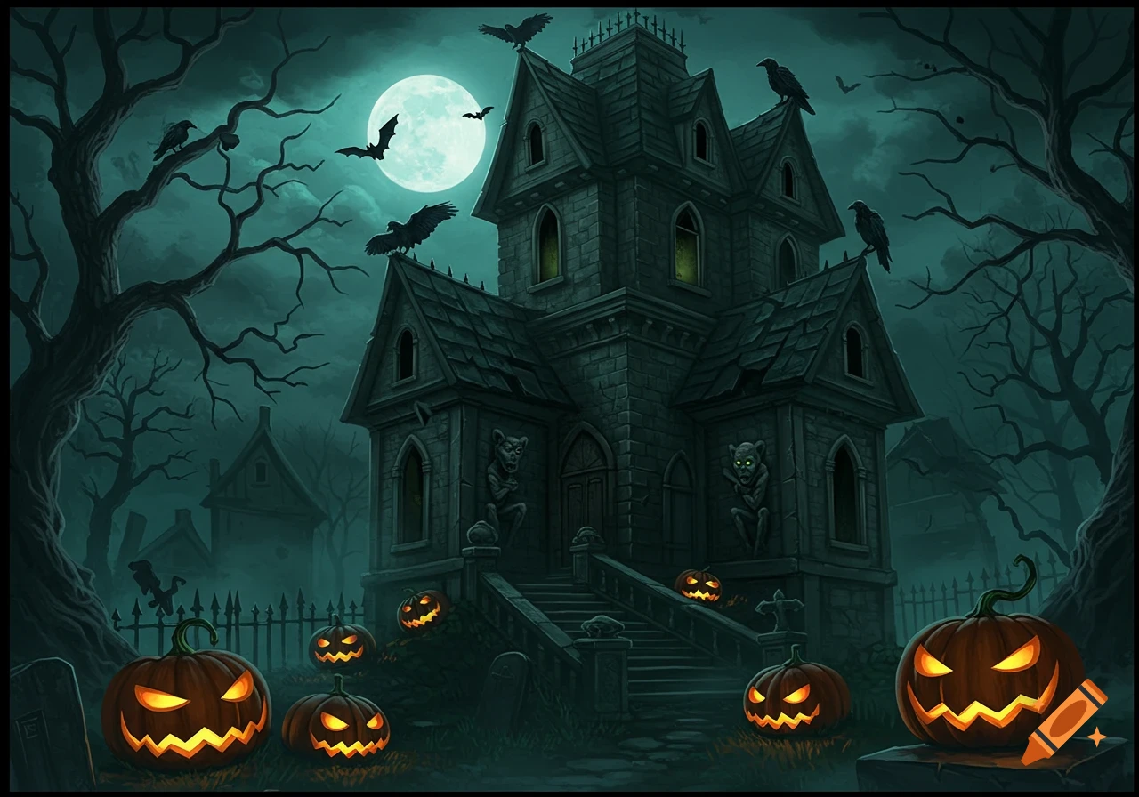 A spooky haunted house at night with glowing jack-o'-lanterns, bats, and crows under a full moon.