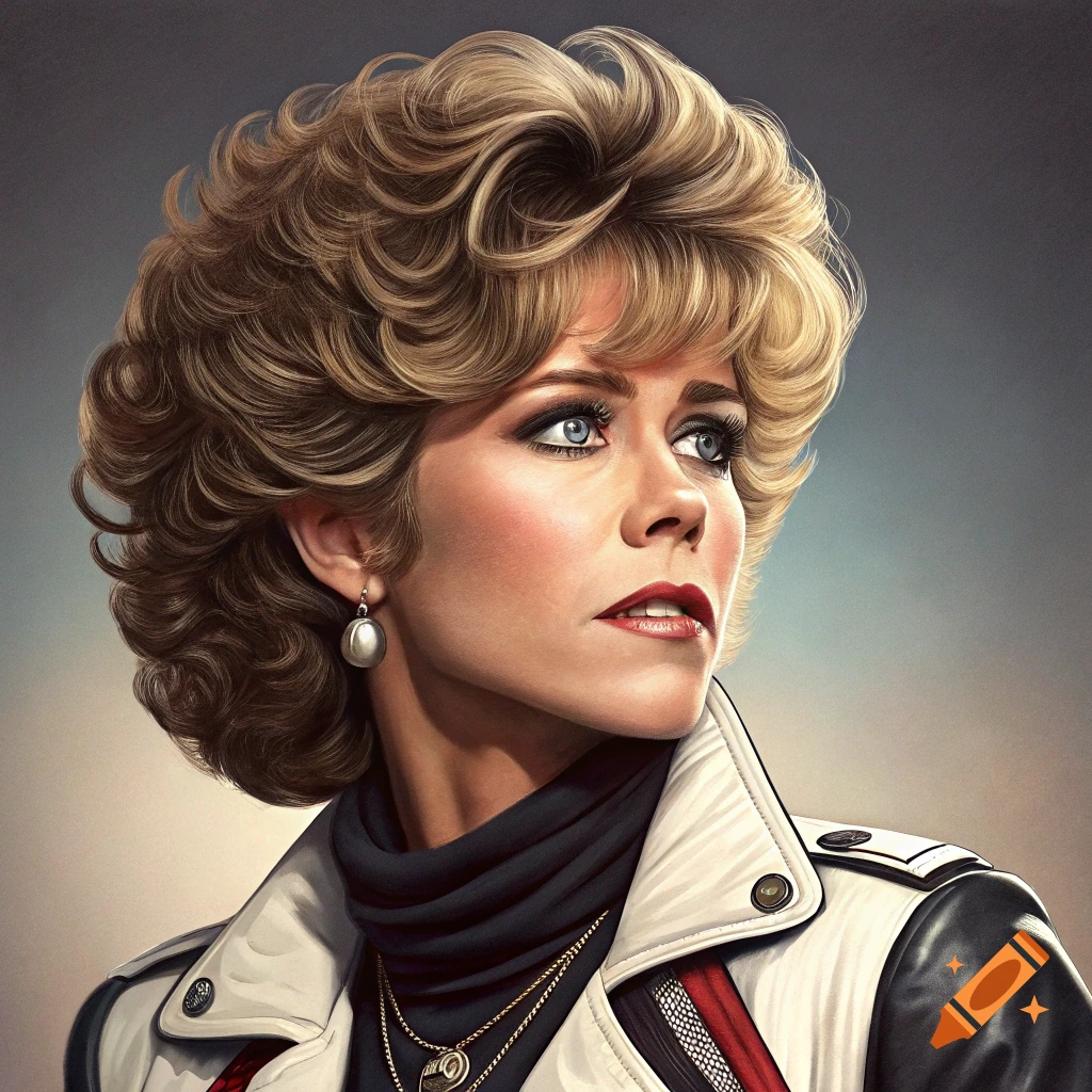 Illustrative portrait of Jane Fonda wearing a white and black jacket.