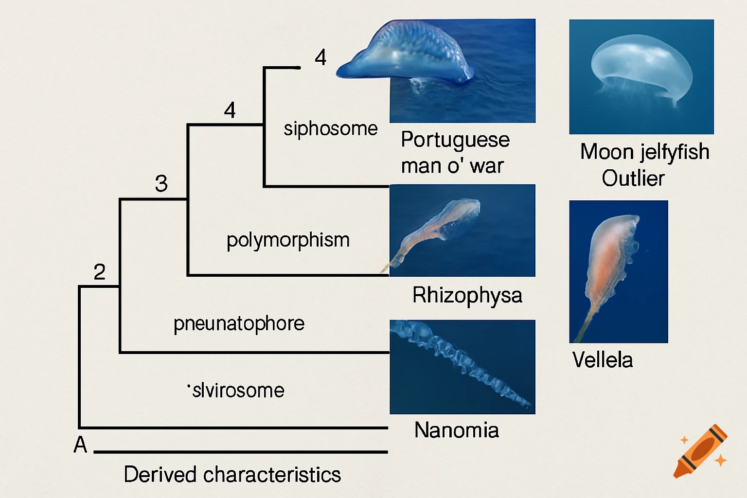 A scientific cladogram diagram showing the phylogenetic relationships of marine invertebrates, including Portuguese man o' war, Rhizophysa, Nanomia, and Velella, with a Moon jellyfish as an outlier. The diagram includes numbered nodes, derived characteristics, and small photographic images of each organism.