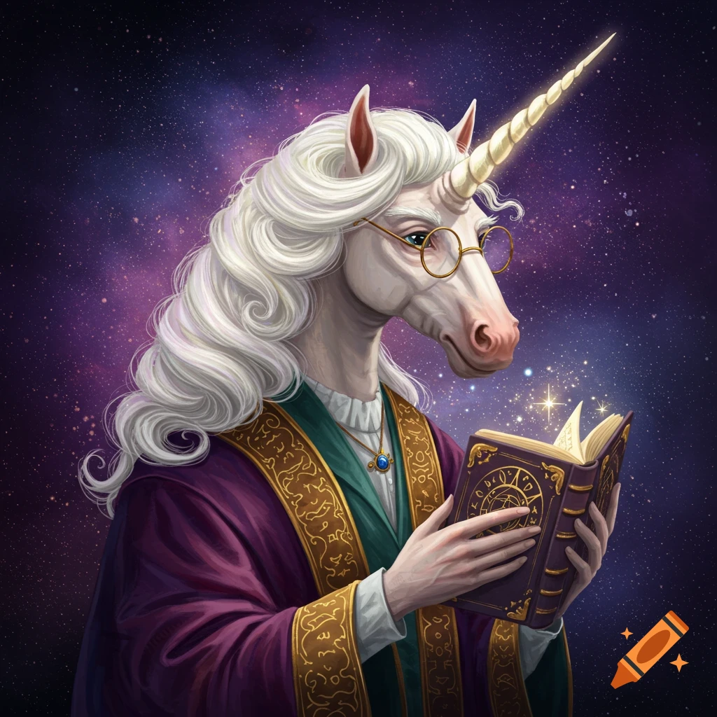 A unicorn with glasses reads a book against a starry sky background.
