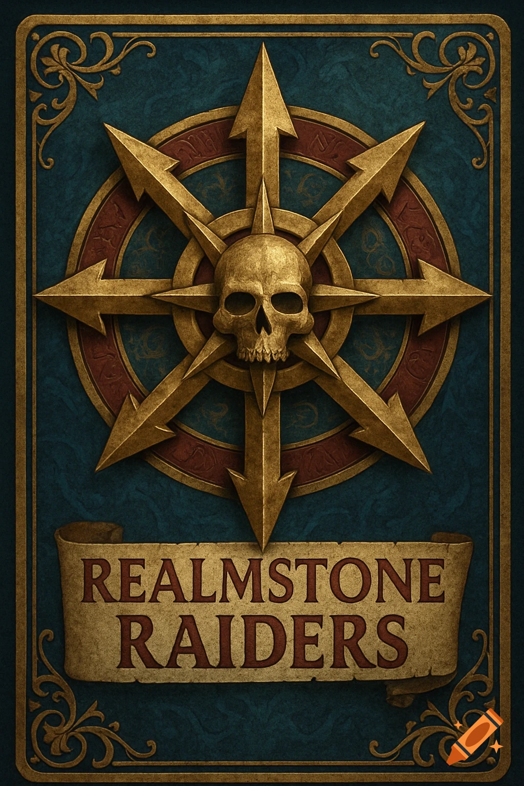Fantasy card back design with skull, star symbol, ornate border, and 'Realmstone Raiders' text.