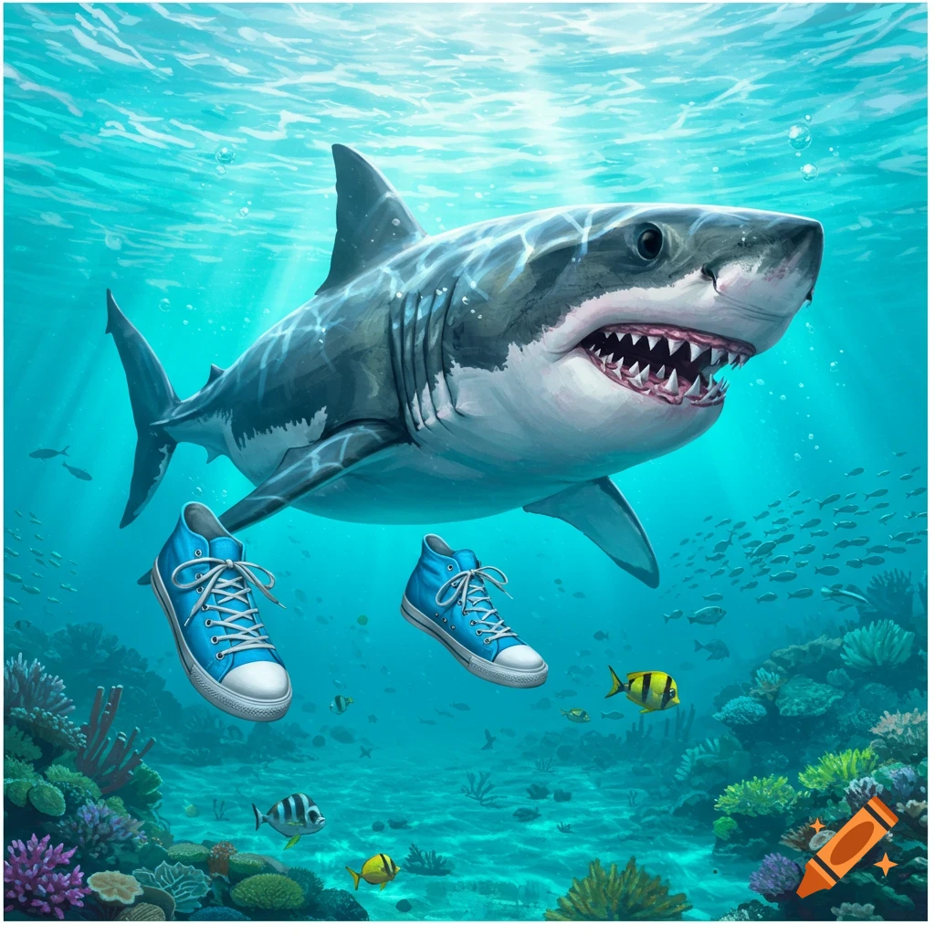 A shark swims underwater among coral and fish, with a pair of blue sneakers floating near its head.