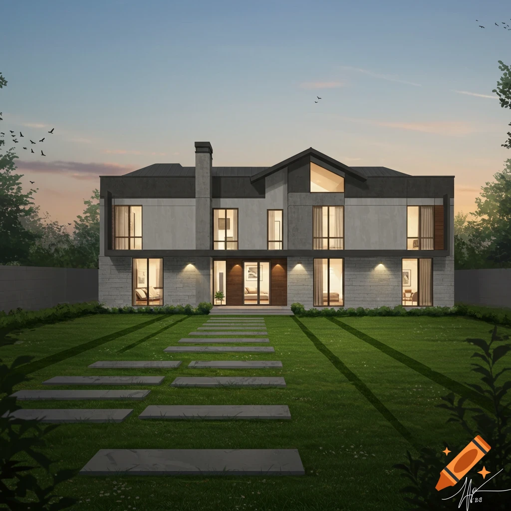 Modern house exterior with yard and stone path at dusk