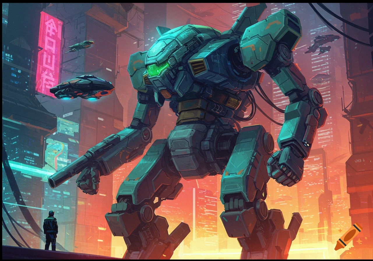 A large blue and green mecha stands in a futuristic cyberpunk city with a person looking up at it.