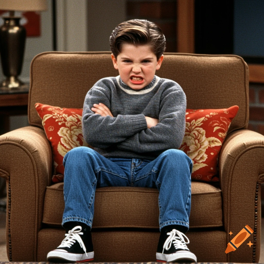 Angry boy with slicked back hair sits in armchair with arms crossed.