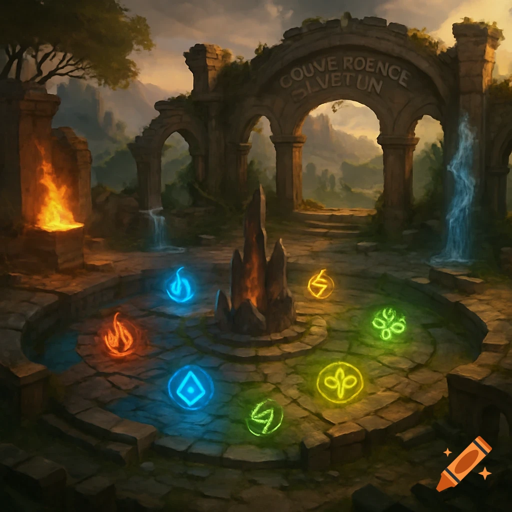 Fantasy concept art of ruined temple with glowing elemental symbols on a stone circle, fire, and waterfall.