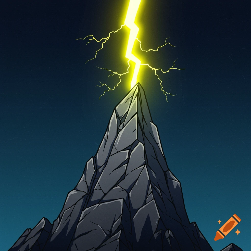 Stylized illustration of lightning striking a mountain peak.