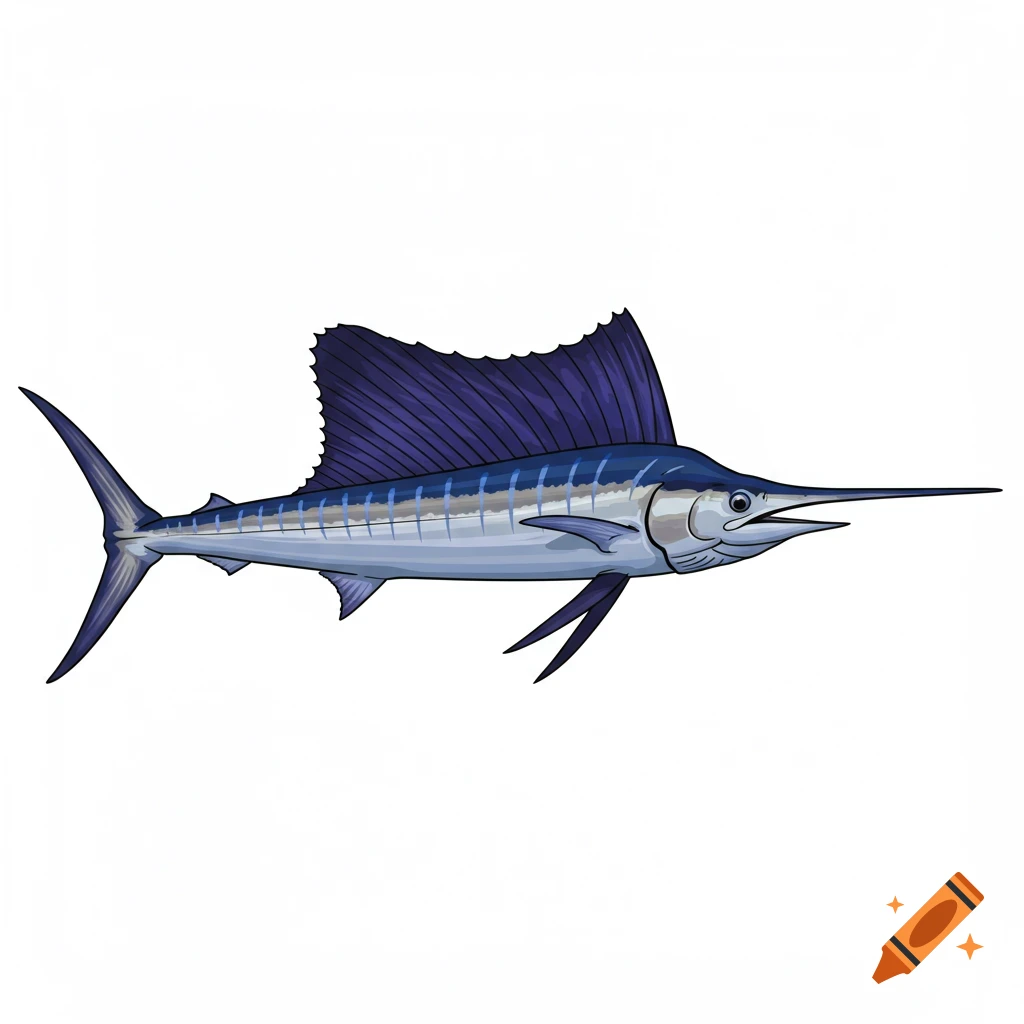 Illustration of a blue sailfish with a tall dorsal fin.