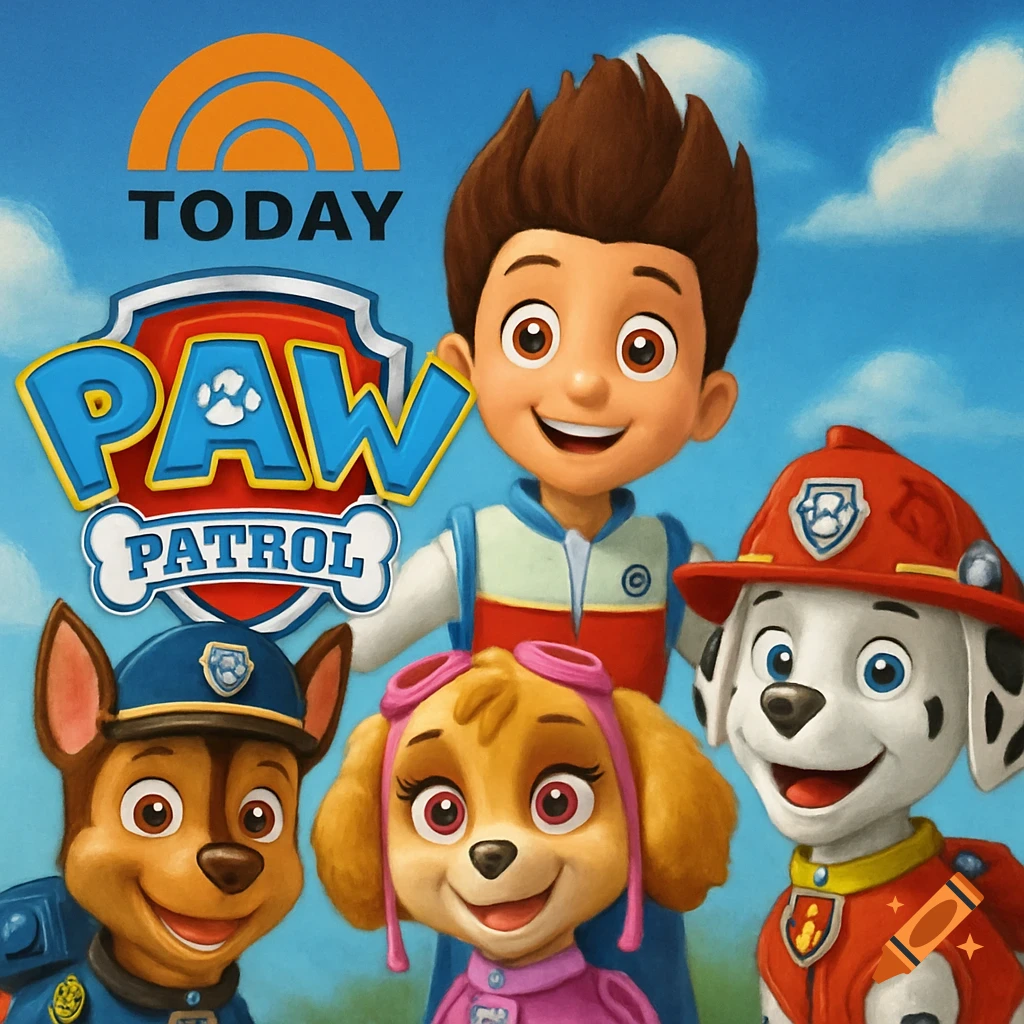Ryder with Chase, Skye, and Marshall from Paw Patrol and the Today show logo