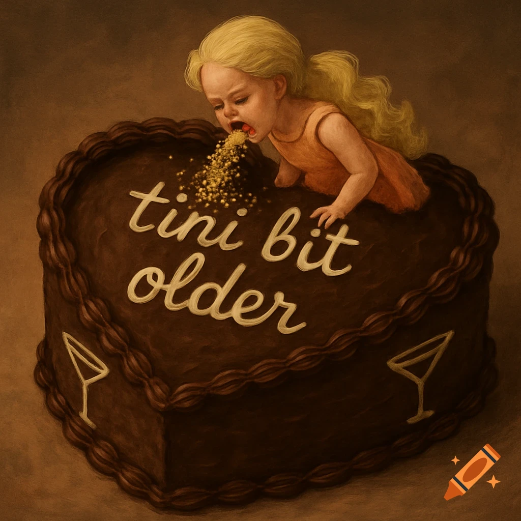 A brown heart cake with a blonde doll puking gold sprinkles and the text 'tini bit older'. Martini glasses decorate the sides.