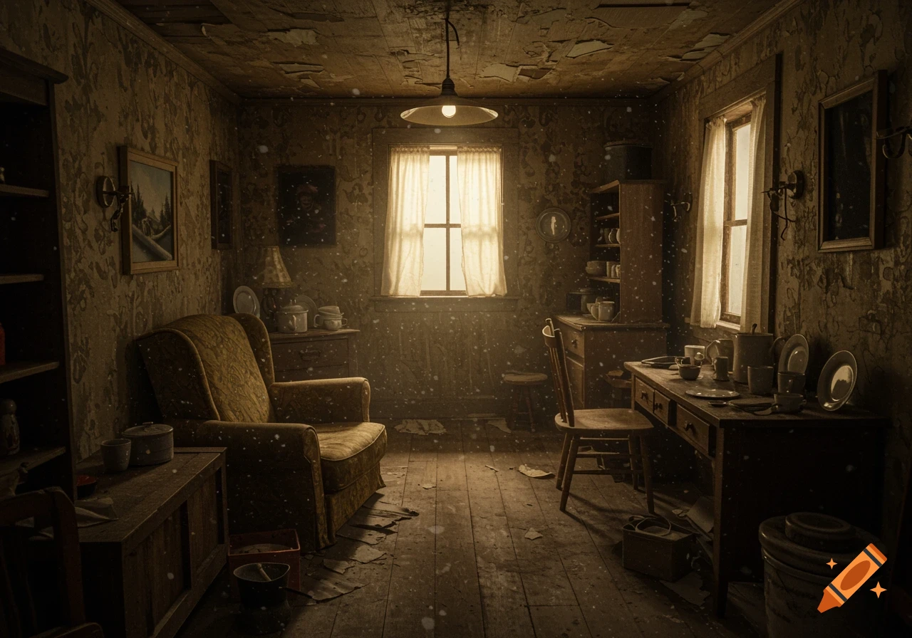 A dusty, run-down room with worn furniture, peeling wallpaper, and light rays streaming through a window.