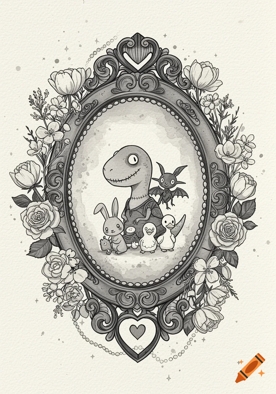 A grayscale illustration of a cute T-rex, bunny, bat, and ducks in a  decorative gothic frame with flowers. on Craiyon