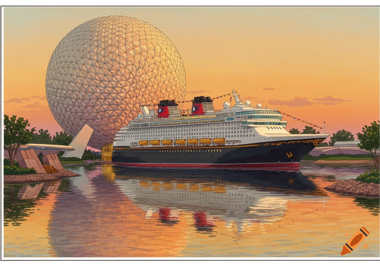 A Disney Cruise ship sails on water in front of the Epcot Spaceship Earth geosphere at sunset, in an illustration style.