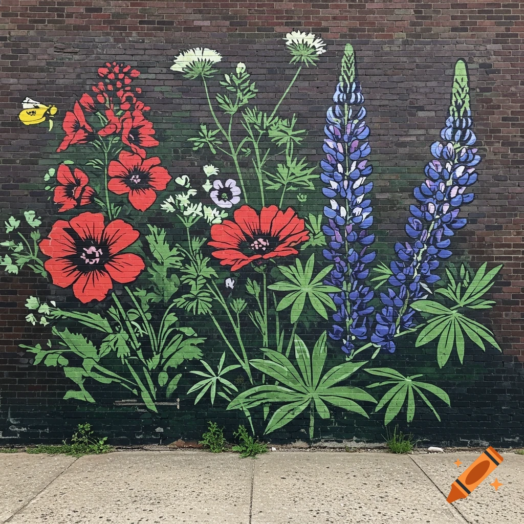 A vibrant mural of red poppies, blue lupine, and white wildflowers with a small yellow bee, painted on a brick wall above a sidewalk.