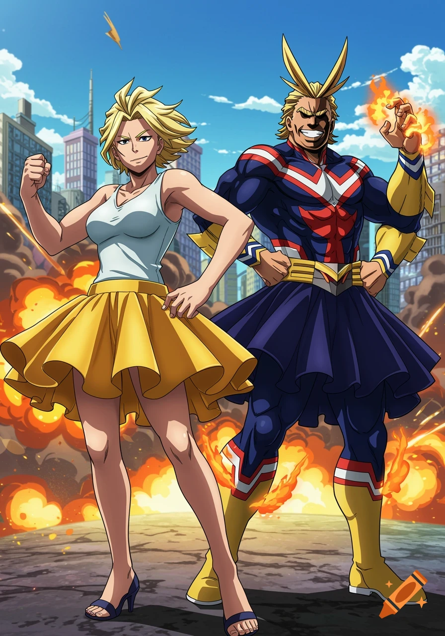 Two muscular anime characters, one resembling All Might, stand in skirts before explosions.