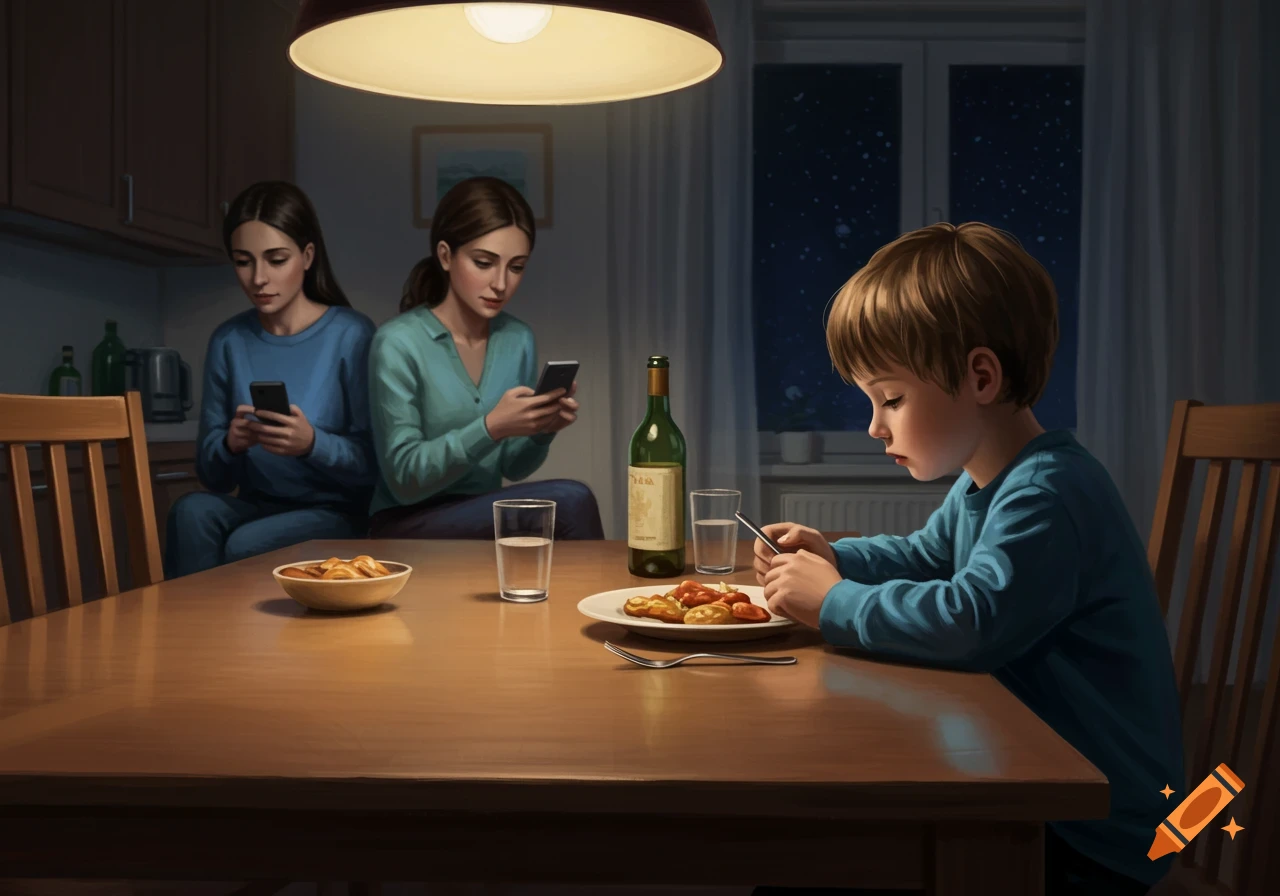 A child and two adults look at phones during dinner at a table in a home.