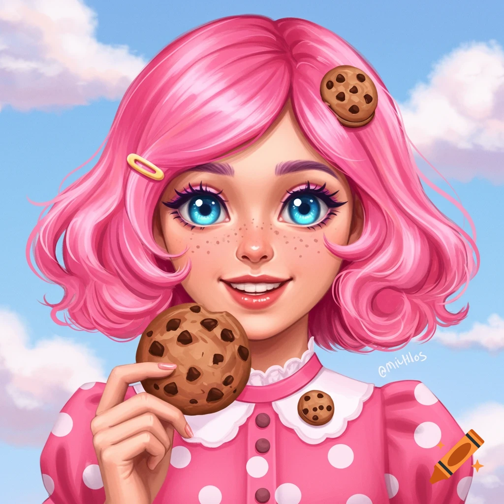 Illustration of a girl with pink hair holding a chocolate chip cookie.