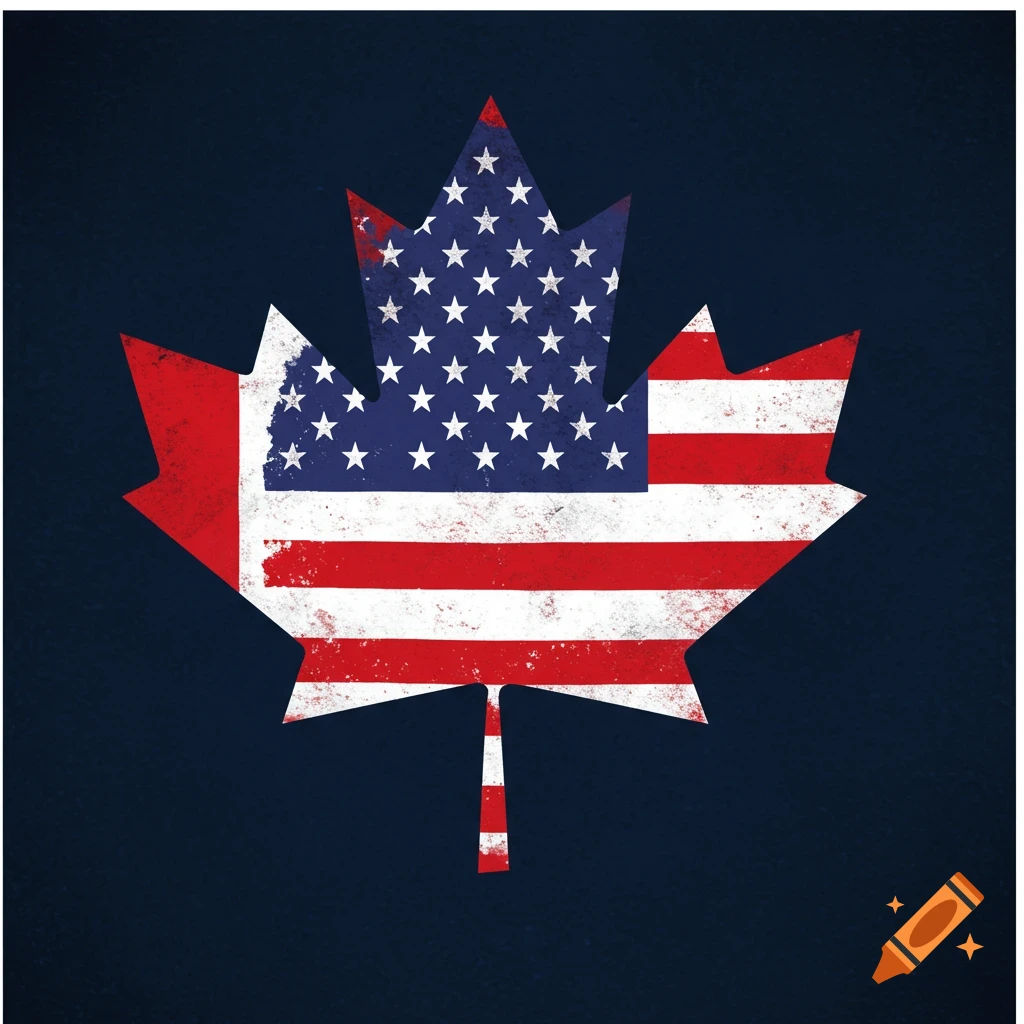 A maple leaf stylized with the design of the American flag on a dark blue background.
