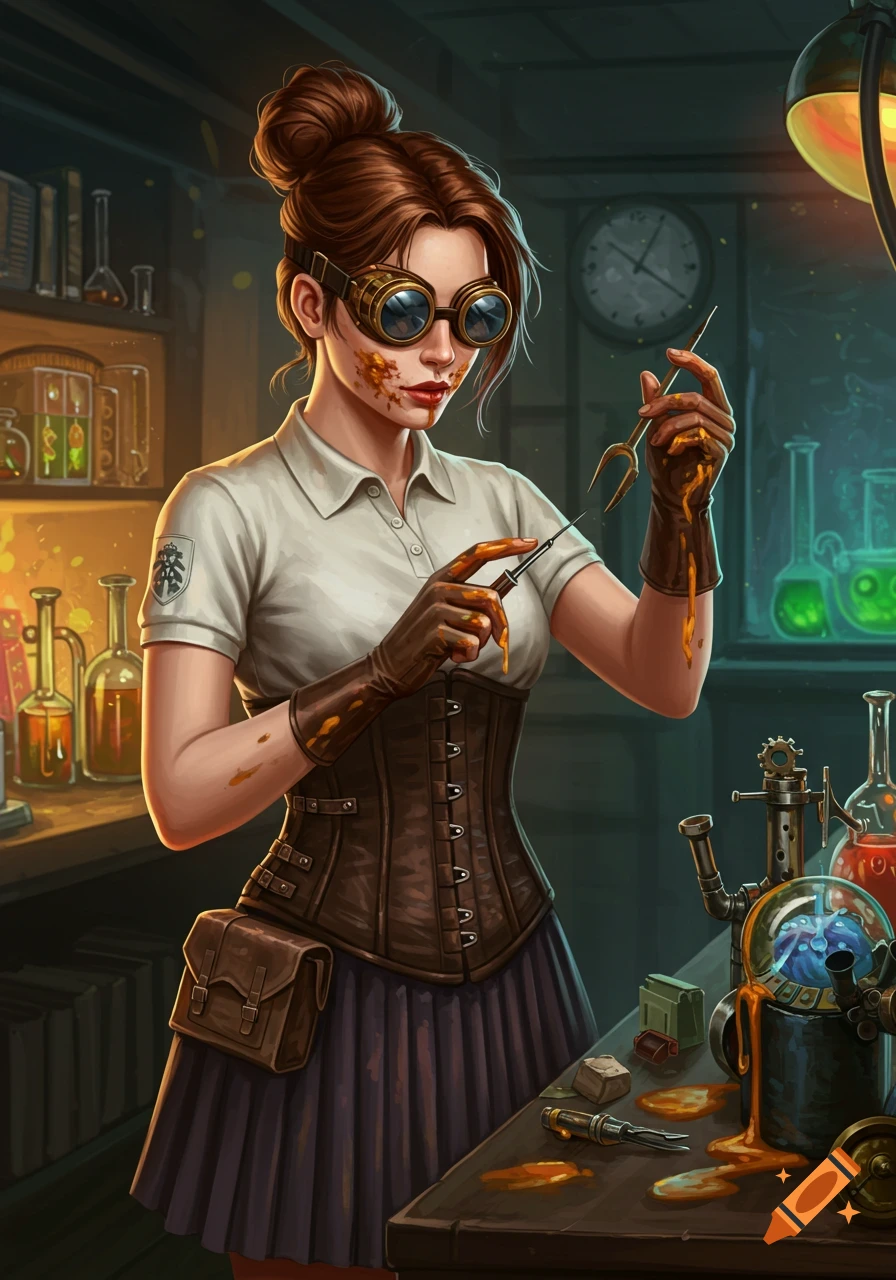 A female steampunk artisan in a laboratory, working on a creation.
