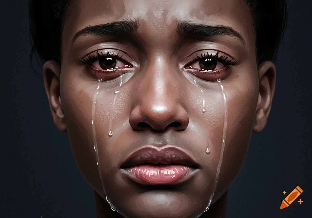 Close-up portrait of a person crying, with tears streaming down their face.