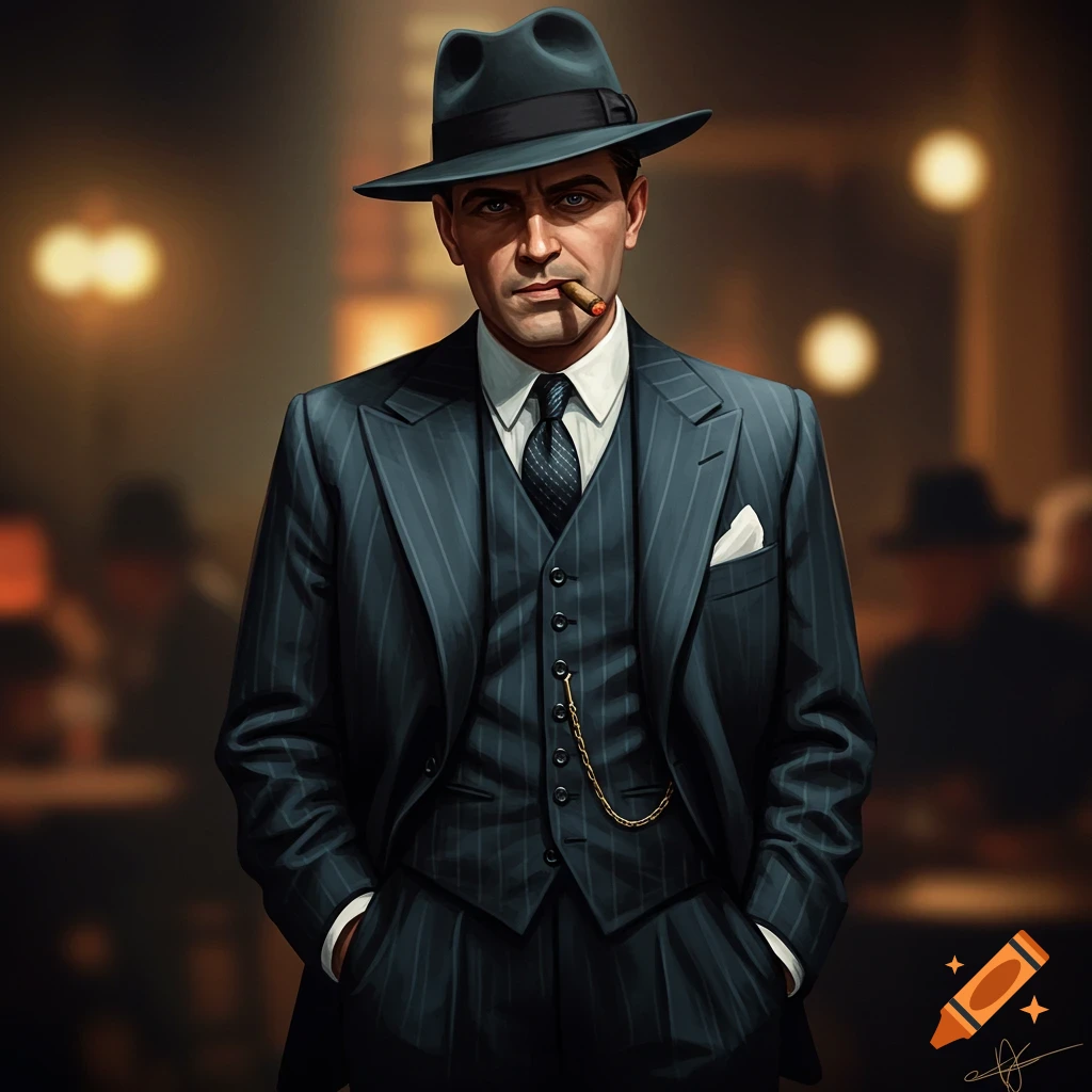 Man in pinstripe suit and hat smoking cigar in a dimly lit setting.