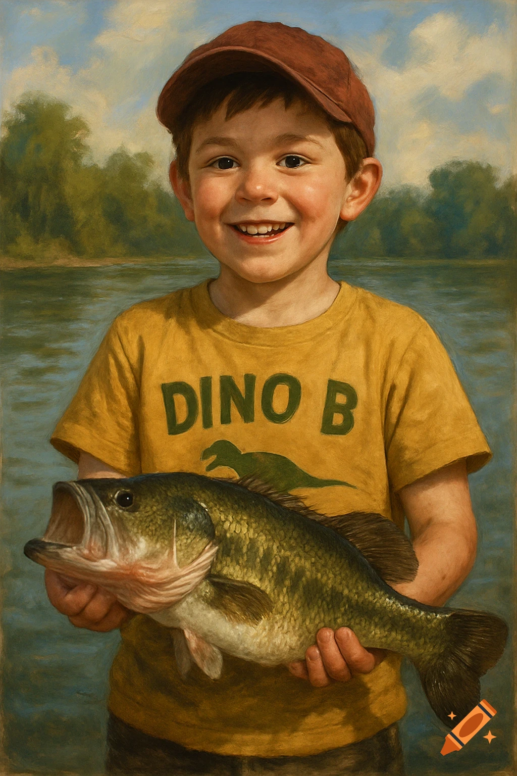 A smiling boy in a red cap and a yellow shirt with "DINO B" holding a large bass fish in a painted style.